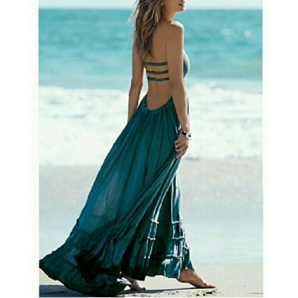 Beautiful Boho Maxi Dress Vacation Summer Beach Flowy Long Dress Backless Sexy
